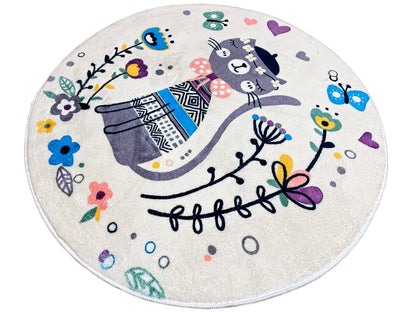 Runder Kinderteppich Katze, Weiß, 100 cm