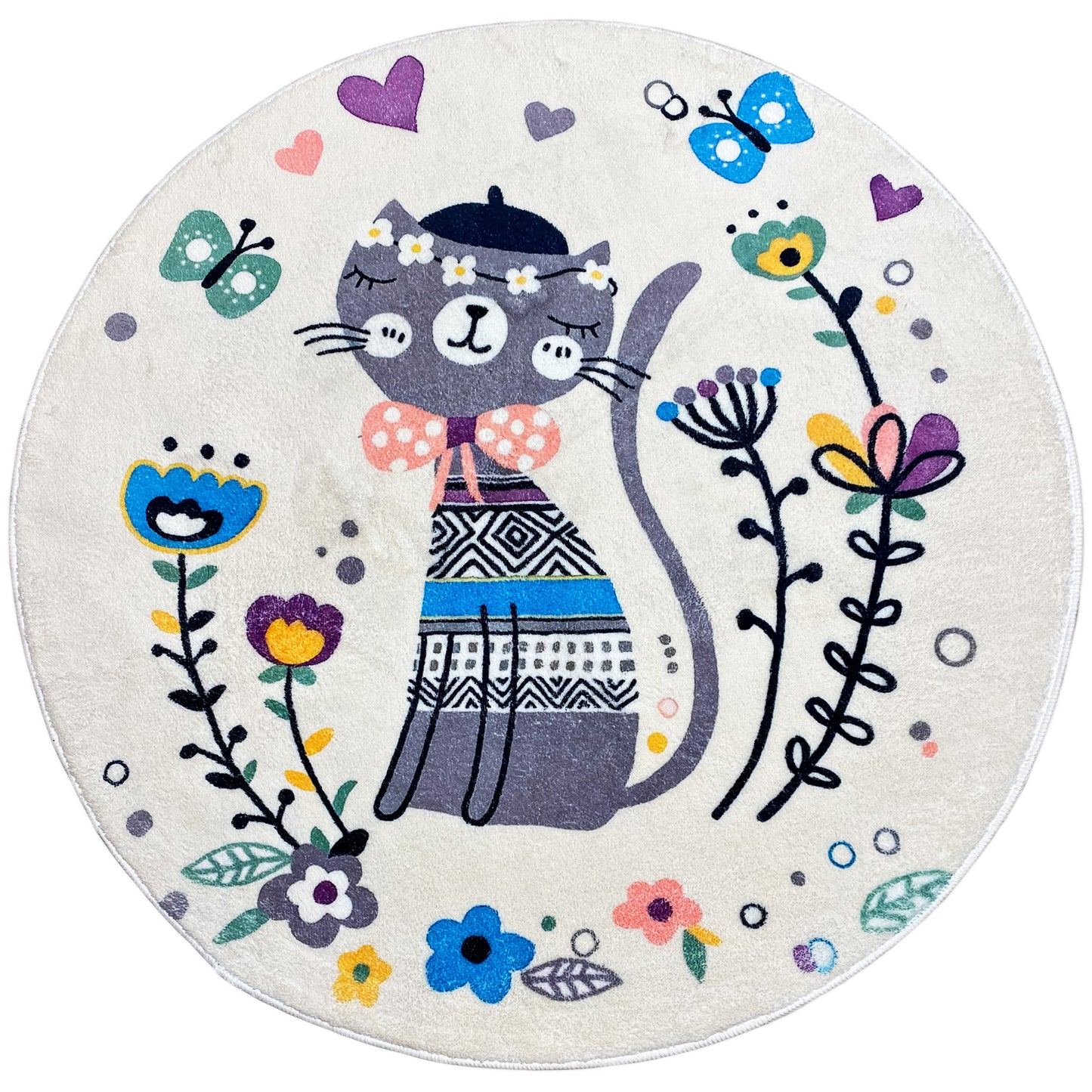Runder Kinderteppich Katze, Weiß, 100 cm