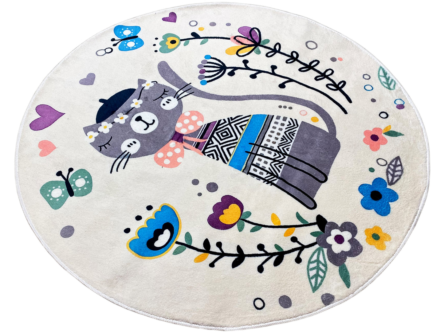 Runder Kinderteppich Katze, Weiß, 120 cm