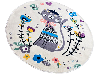 Runder Kinderteppich Katze, Weiß, 120 cm