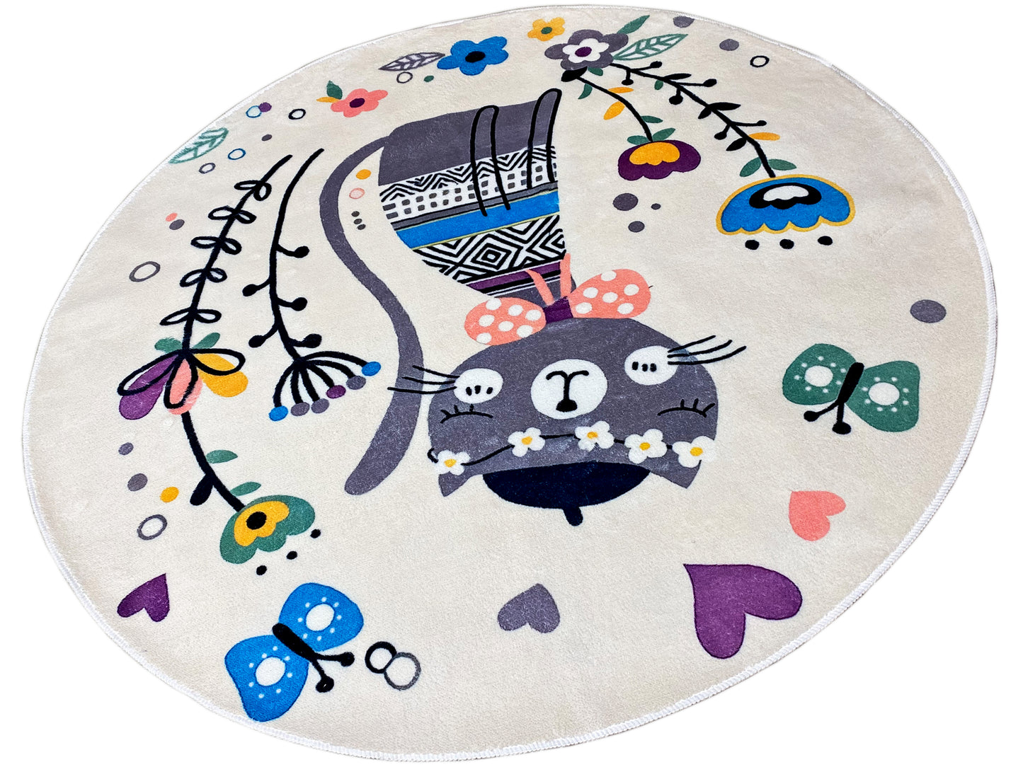 Runder Kinderteppich Katze, Weiß, 120 cm