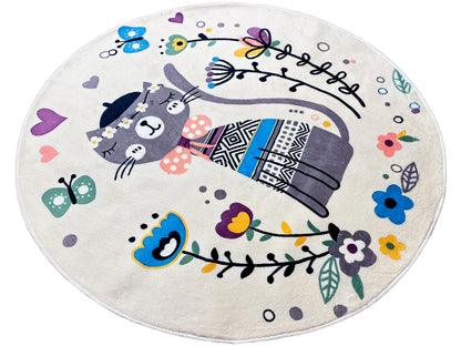 Runder Kinderteppich Katze, Weiß, 160 cm