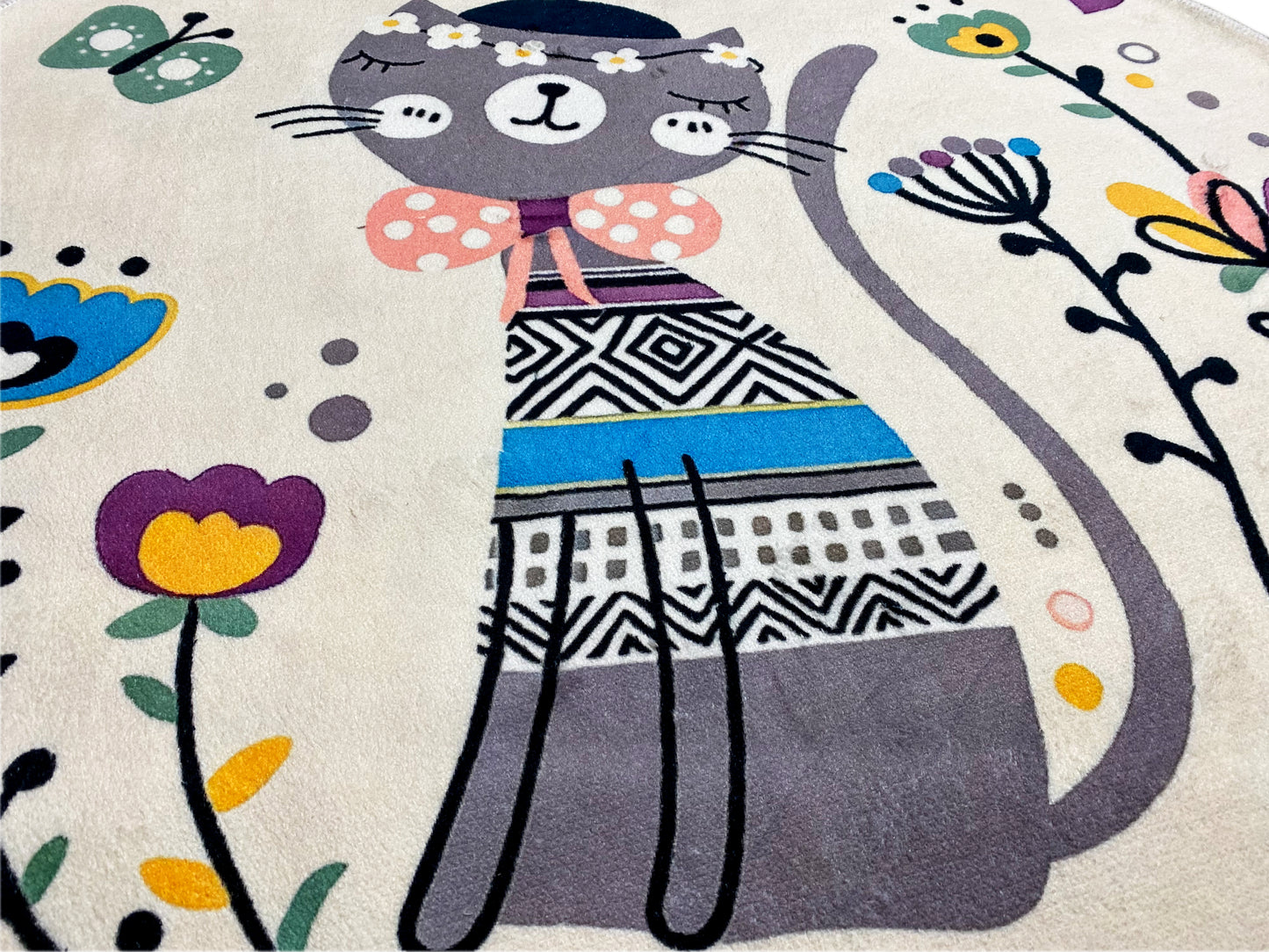 Runder Kinderteppich Katze, Weiß, 160 cm