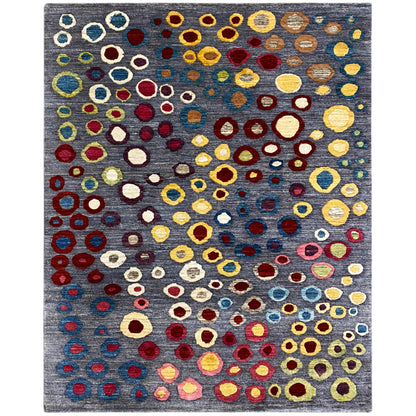 Gabbeh-Luri-Teppich mit grauem Grund und bunten Kreis- und Ovalmustern, 205x147 cm