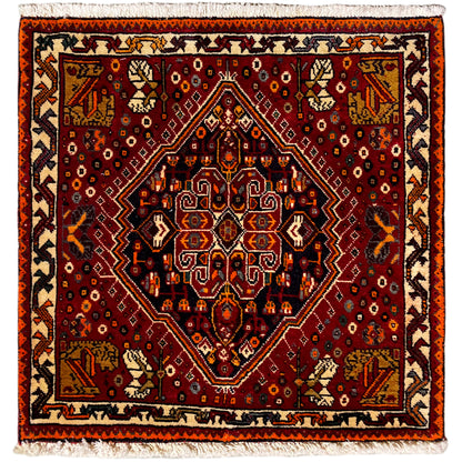 Poshti-Teppich 60x60 cm, rotes Muster mit orangefarbenem Rand und Fransen