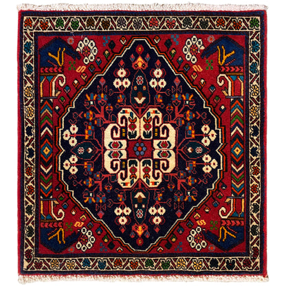 Poshti-Teppich 66x62 cm: geometrisches Muster in Blau/Rot mit Fransen