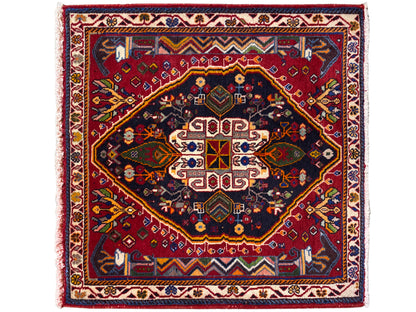 Poshti-Teppich (67×67 cm) mit mehrteiliger Medaillon-Komposition, dunklem Blau und Rot