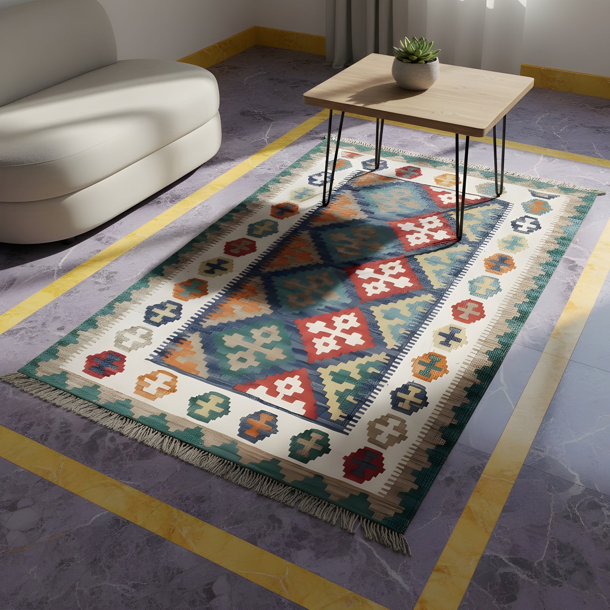 Wohnzimmer Qashqai Kelim Teppich aus 100% Naturwolle mit Rautenmuster