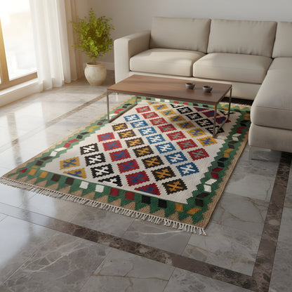 Wohnzimmer Kelim Qashqai Wollteppich aus Naturwolle mit geometrischem Muster