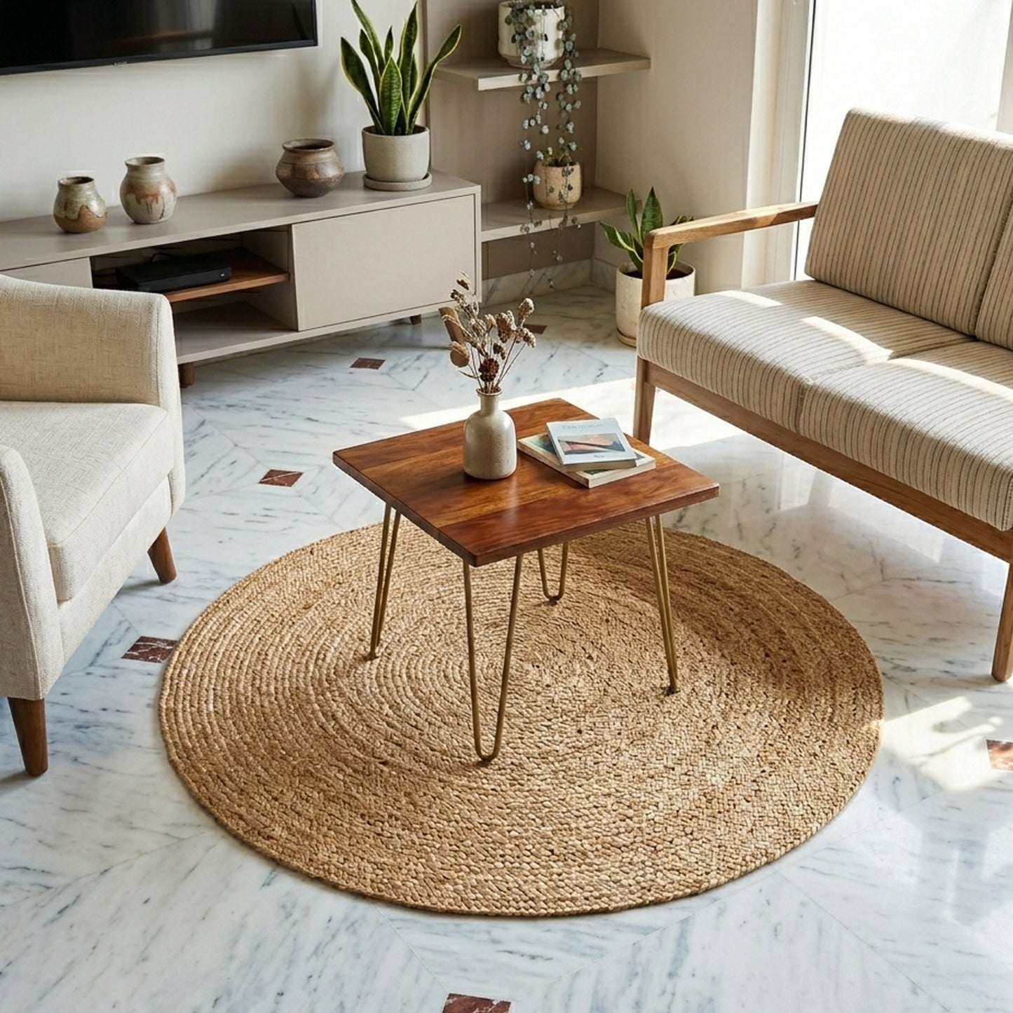 Wohnzimmer-Natural jute rug round shape 80 cm boho style handwoven carpet
