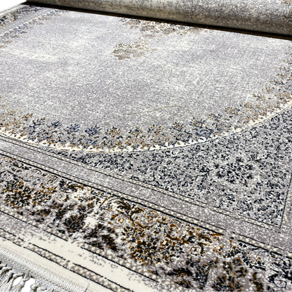 Polypropylen Flächenteppich, kompliziertes Zentral-Medaillon, Hellgrau- und neutrale Töne, luxuriöser Stil.