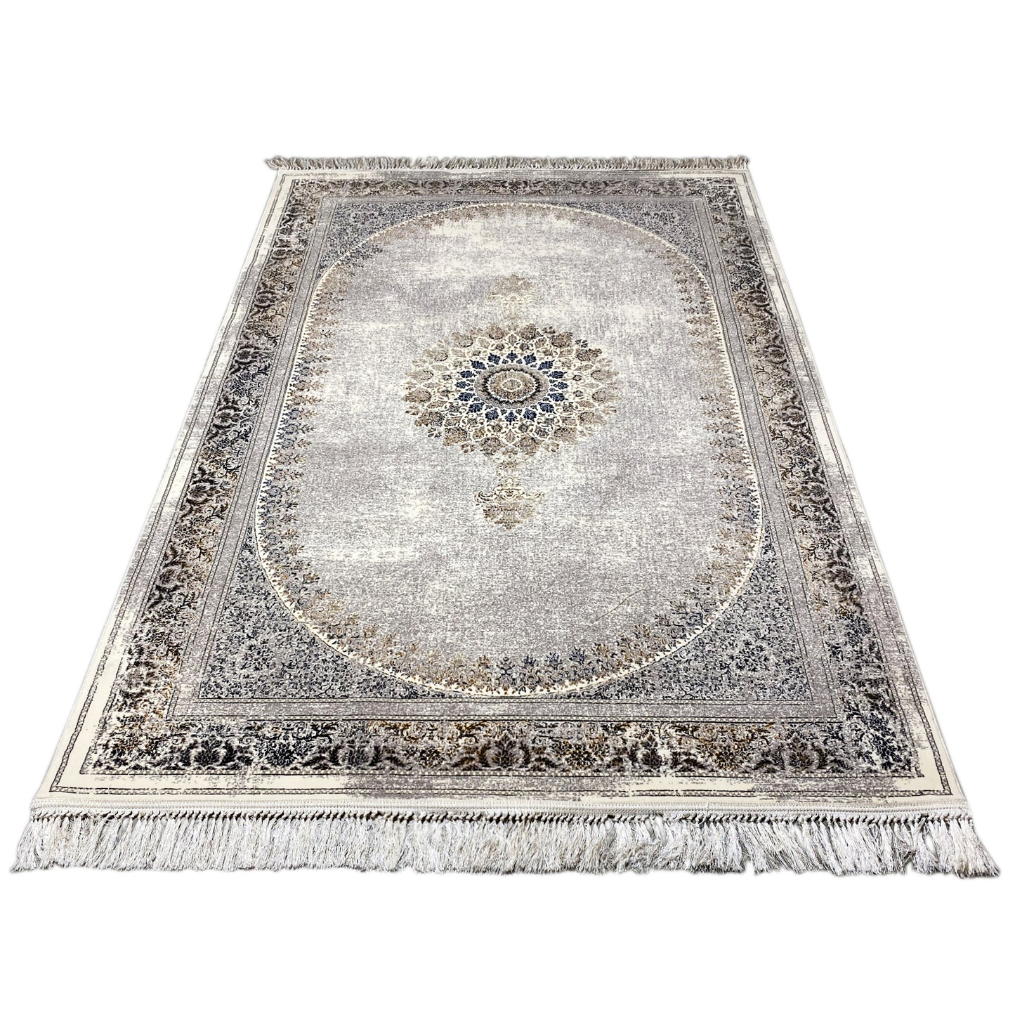 Gewebte teppich kaufen, klassisch orientalischer Stil, grau blau neutrale Farben, traditionelle Wohndeko.