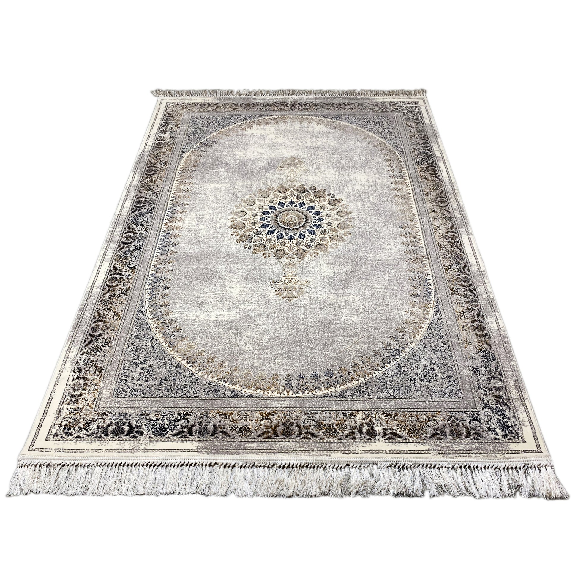 Gewebte teppich kaufen, klassisch orientalischer Stil, grau blau neutrale Farben, traditionelle Wohndeko.