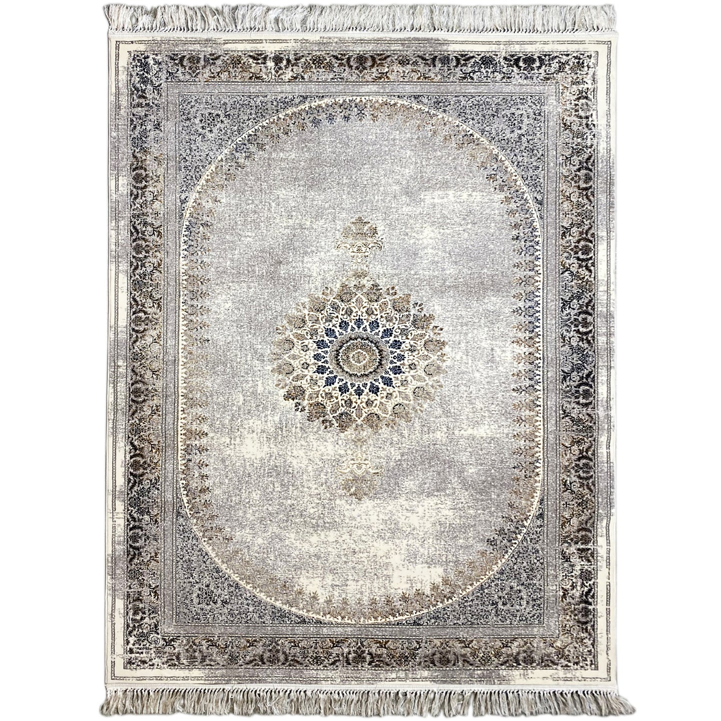 Maschinengewebter Teppich, Polypropylen-Flor, hellgraues orientalisches Medaillon mit blauem Zentrum, Wohnzimmer.