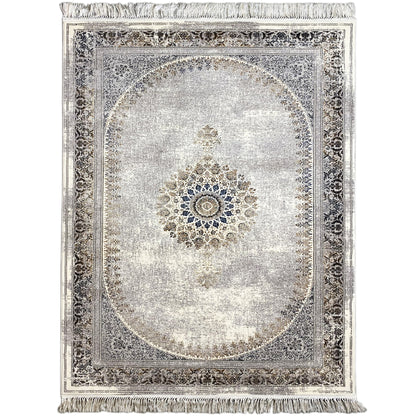 Maschinengewebter Teppich, Polypropylen-Flor, hellgraues orientalisches Medaillon mit blauem Zentrum, Wohnzimmer.
