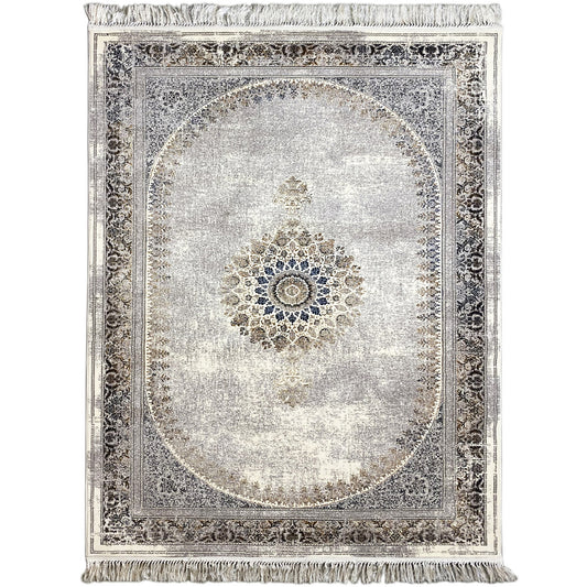 Maschinengewebter Teppich, Polypropylen-Flor, hellgraues orientalisches Medaillon mit blauem Zentrum, Wohnzimmer.