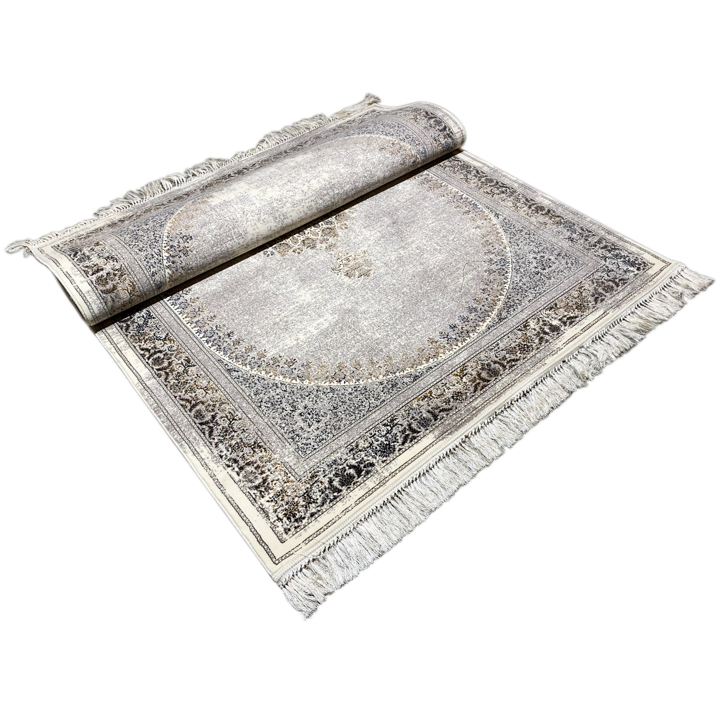 Gewebte teppich, traditioneller Look, Hellgrau und Blau, verleiht Esszimmer Eleganz.