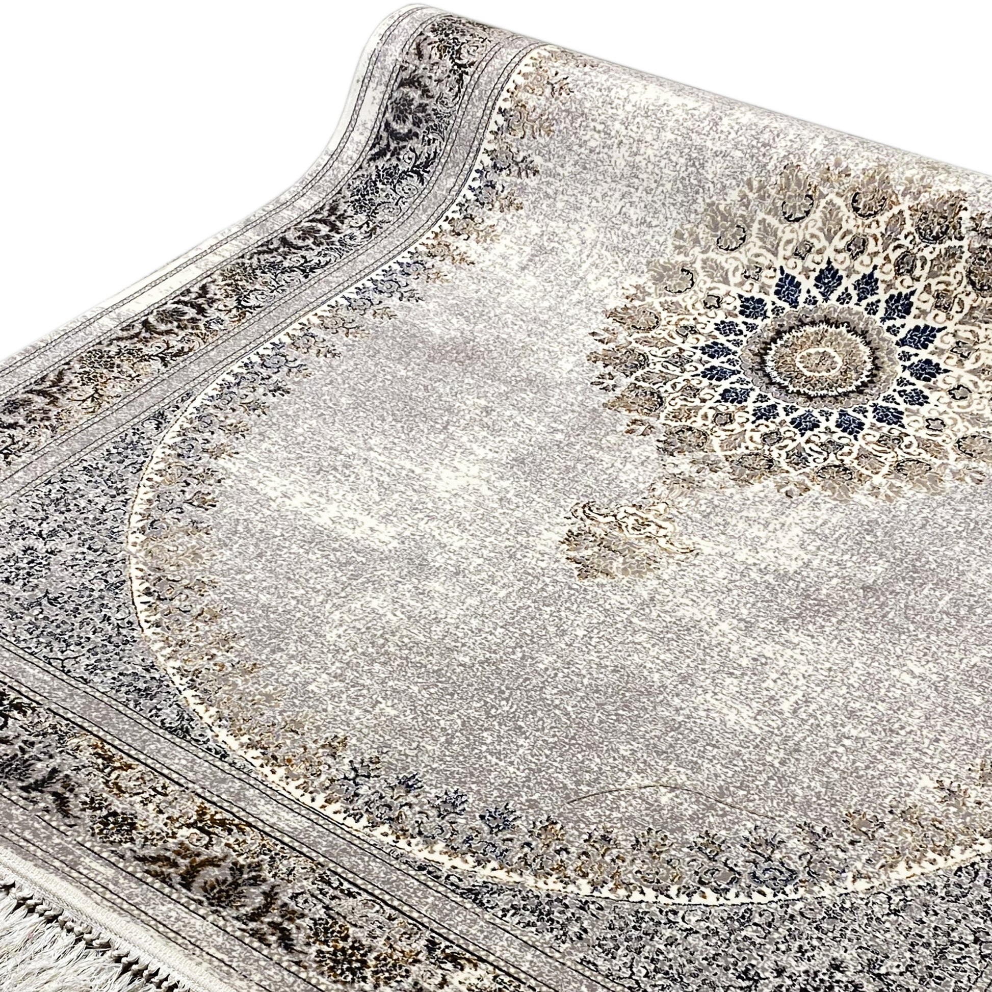 Traditioneller Stil Teppich, synthetisches Polypropylen-Material, graues florales Medaillon, perfekt für klassische Interieurs.