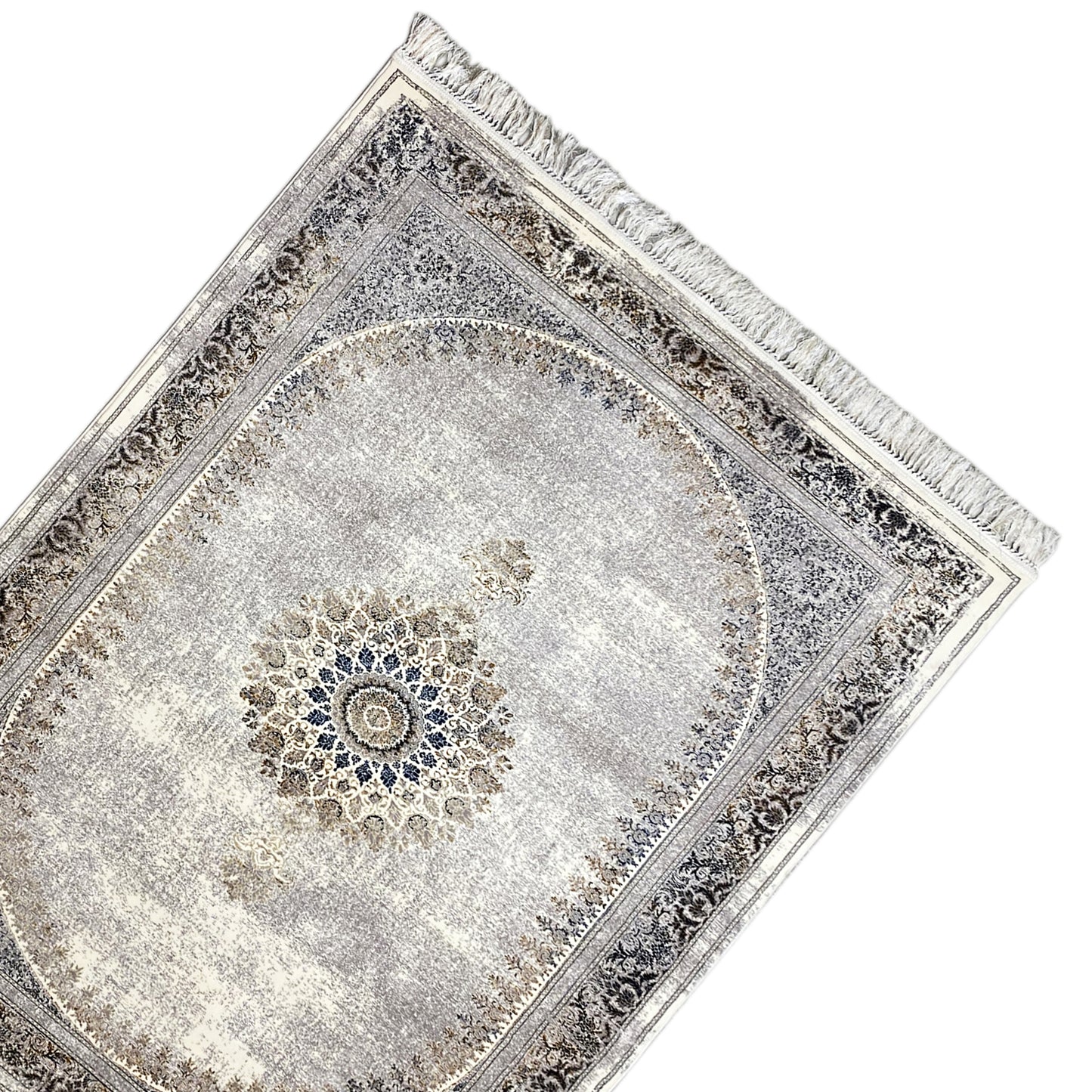 Großer Flächenteppich, 160x230 cm Größe, maschinengefertigt, Hellgrau mit subtilen blauen Akzenten.