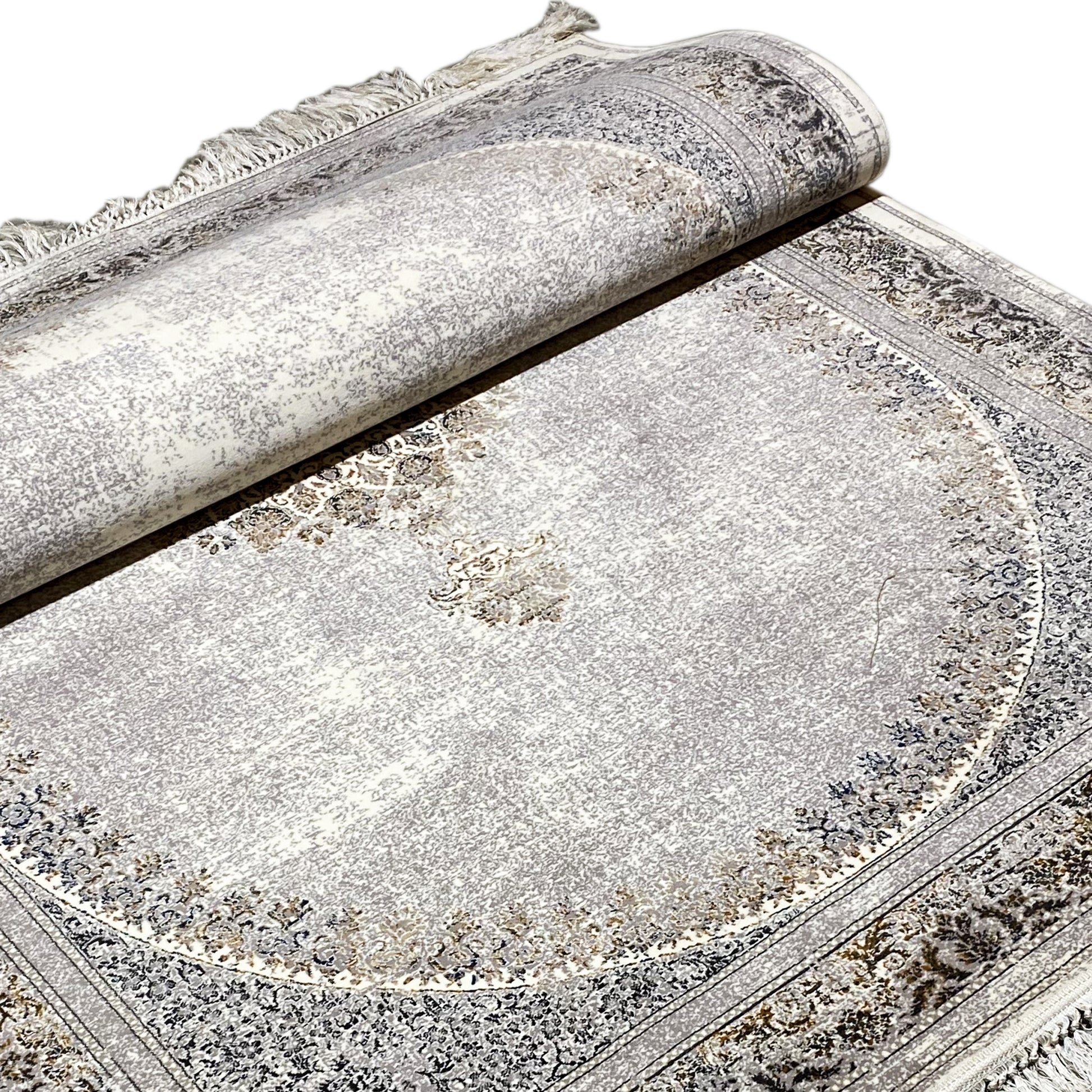 Hellgrauer und blauer Polypropylen Teppich, maschinengewebt für Langlebigkeit, aufwendiges Medaillon-Design.