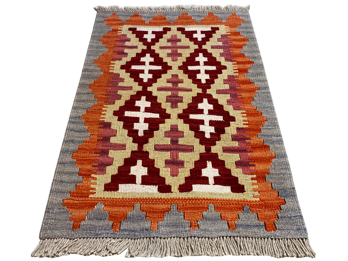 Boho Kelim Teppich 89x59 cm, handversponnene Wolle mit Bordüre