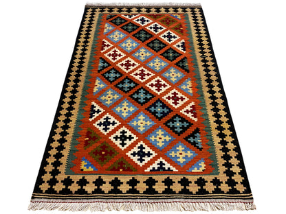 Orange Kelim Teppich im Ethno Stil mit blauen und cremefarbenen Akzenten