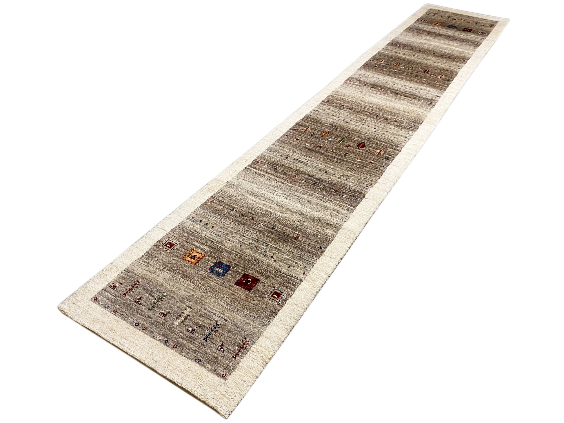 Ethno Gabbeh Läufer grau mit traditionellen Symbolen und Streifen