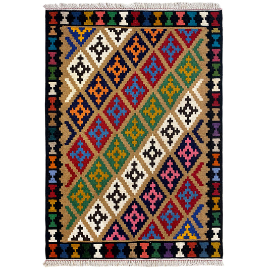 Handgewebter Kelim Qashqai Teppich in Beige 149x101 cm mit Rautenmustern