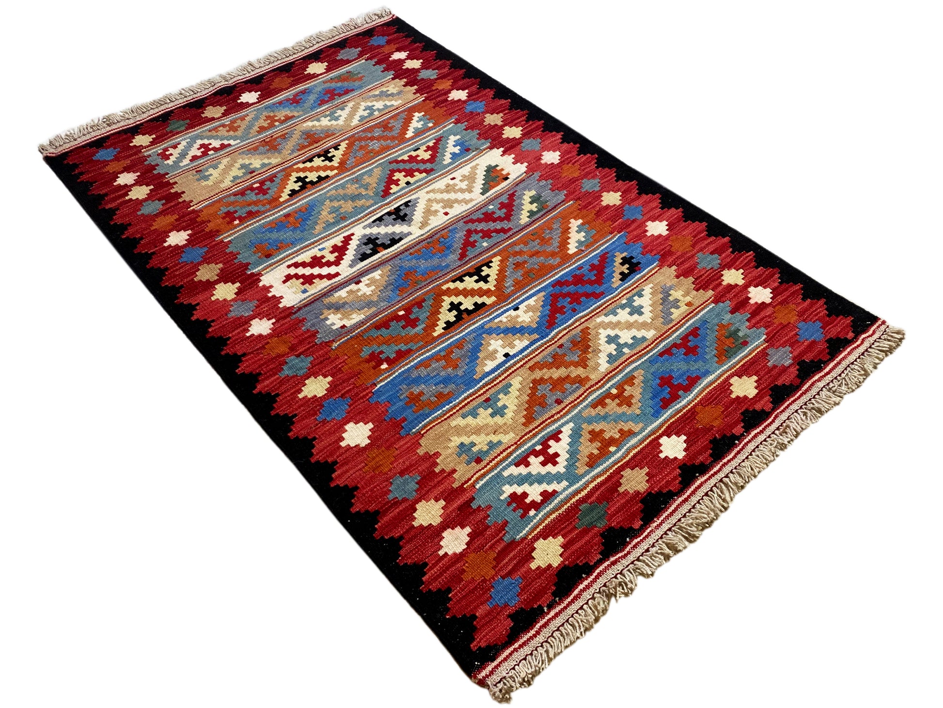 Boho Ethno Kelim Teppich rot 156x100 cm mit traditionellen Streifenmustern