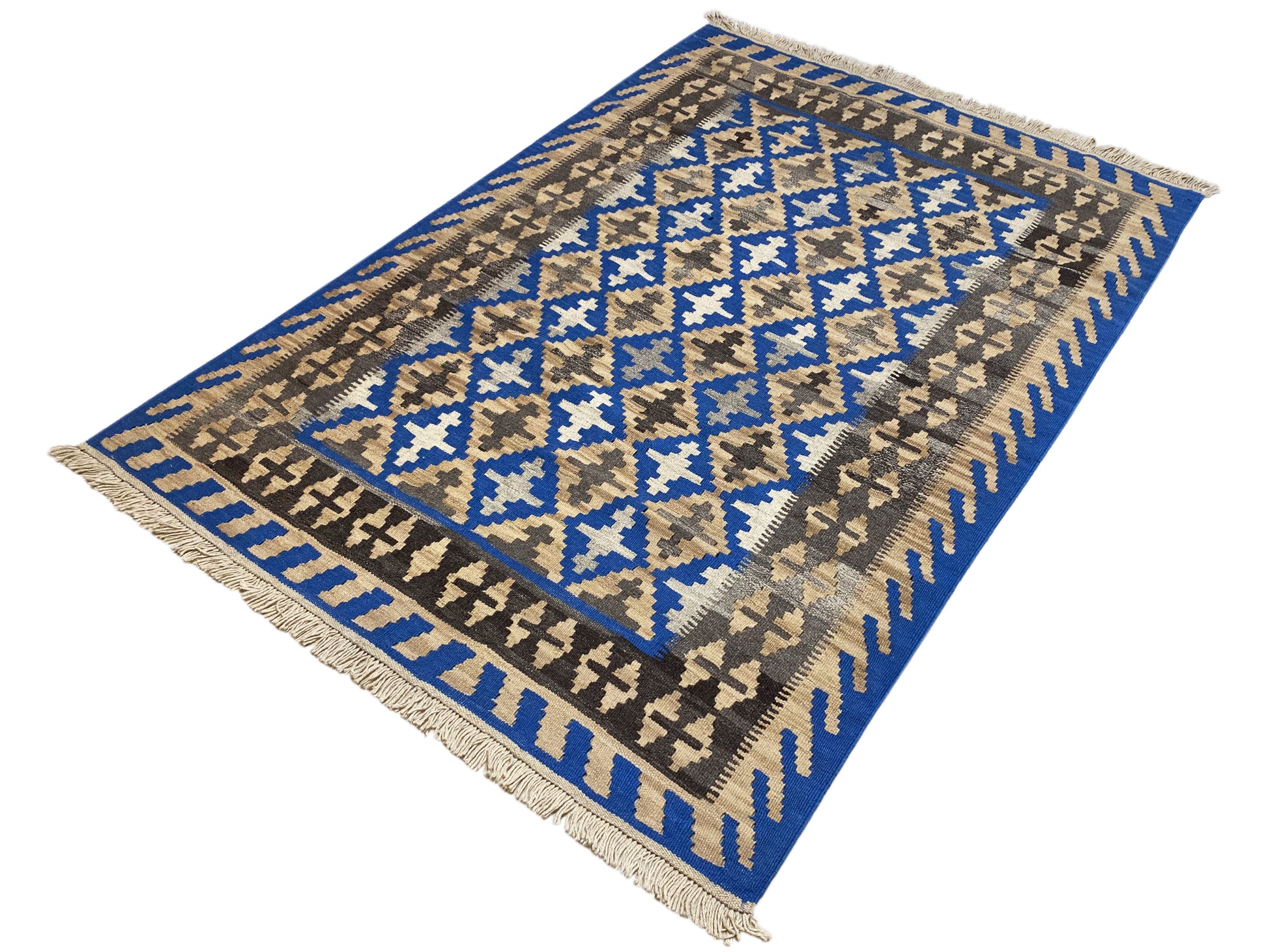 Handwoven Qashqai Kelim Teppich blau-beige mit robustem Wollgewebe